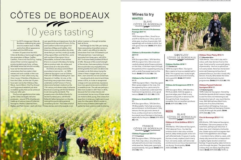 Claribes wines selected in the Cotes de Bordeaux 10 year tasting